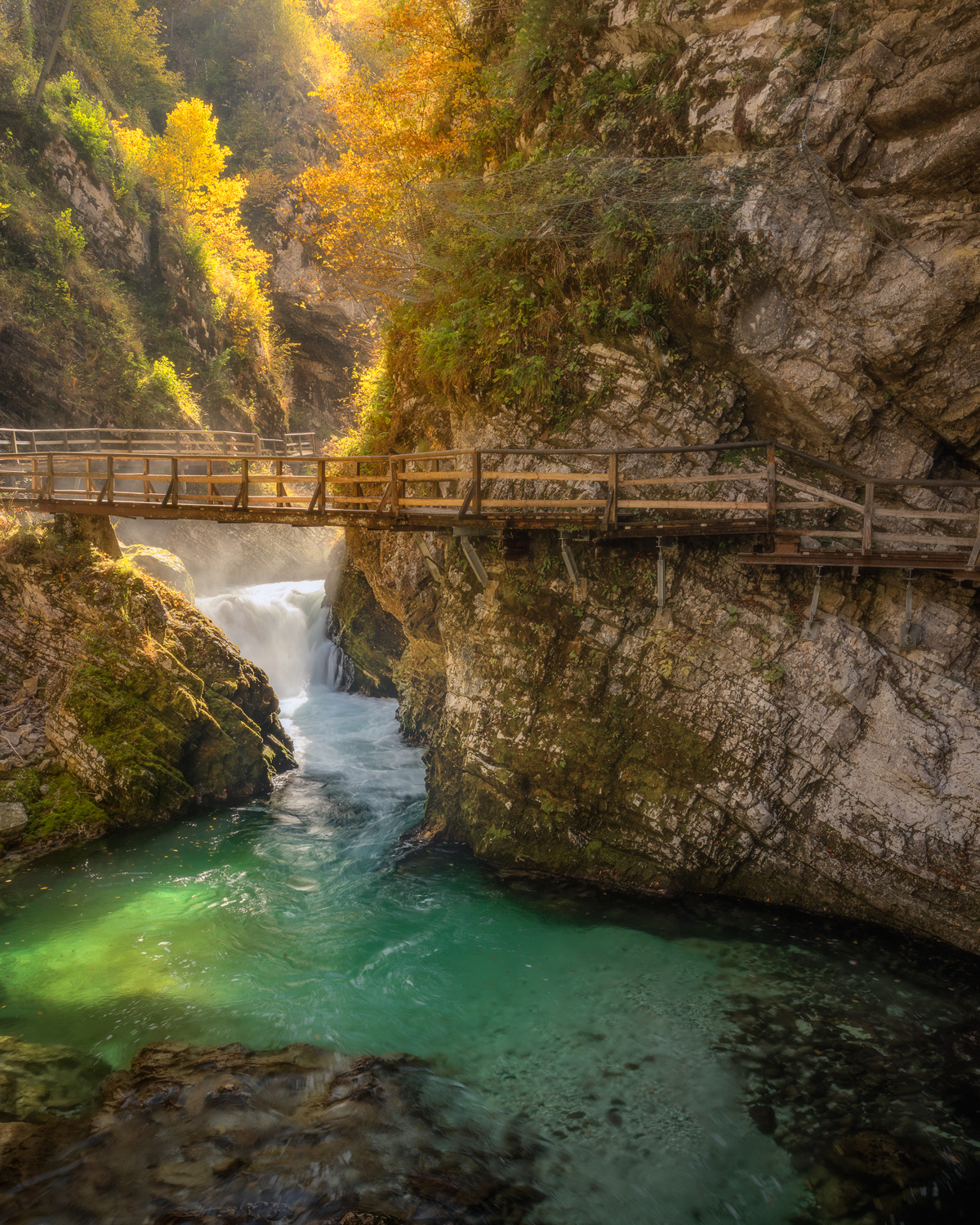 Vintgar Gorge boardwalk over the turquoise Radovna River, long exposure, Slovenia 